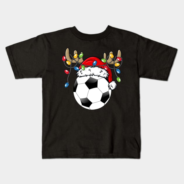 Soccer Ball With Santa Hat Reindeer Antlers Christmas Lights Kids T-Shirt by Kimko